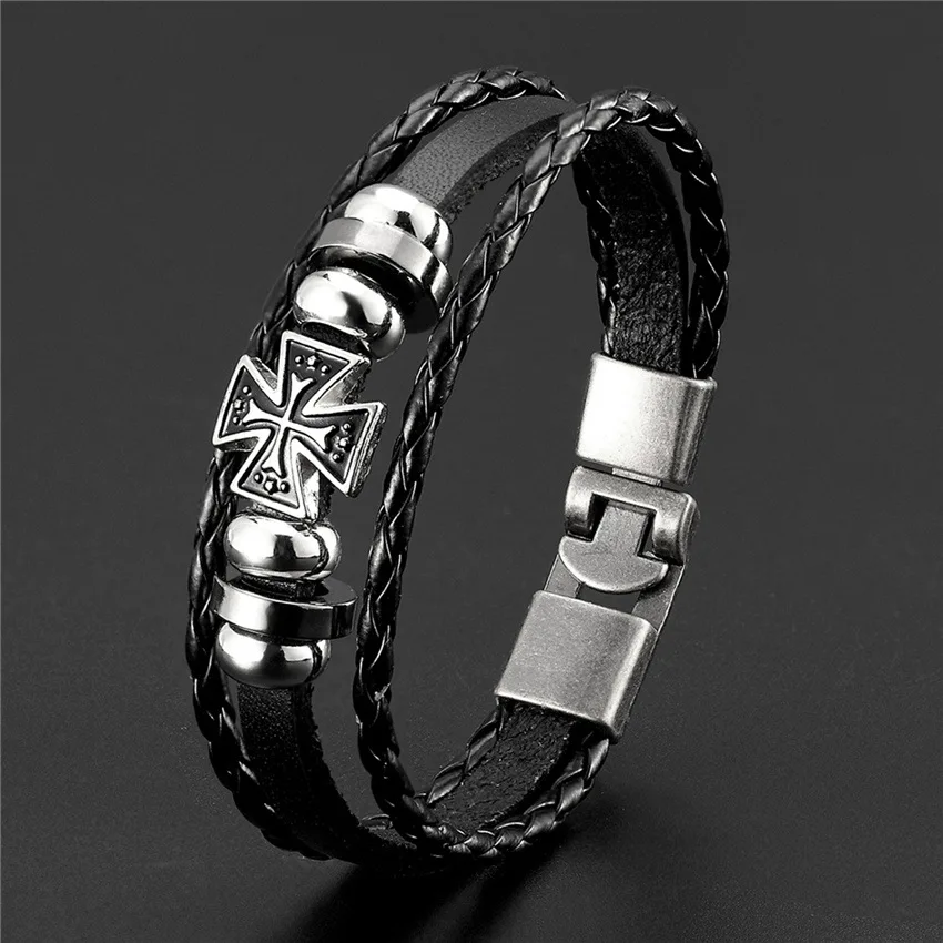 

Cross Style Multi Layer Design Stainless Steel Fashion Punk Rock Leather Bracelet Classic Gift For Men Different Styles Choose