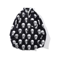 fashion men black skull print hawaiian shirt mens autumn tide brand streetwear spoof loose bf long sleeve shirts chemise homme