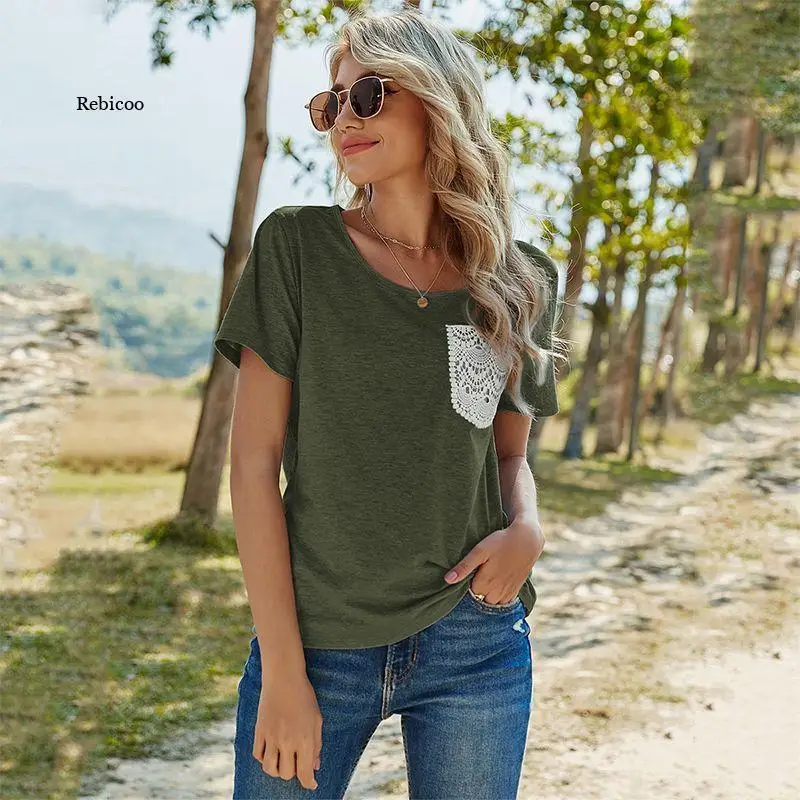 

Women's Lace Pocket Splice T-Shirt Summer Basic Cotton Casual Hawaiian Tee Tops Short Seeve Female Girl New