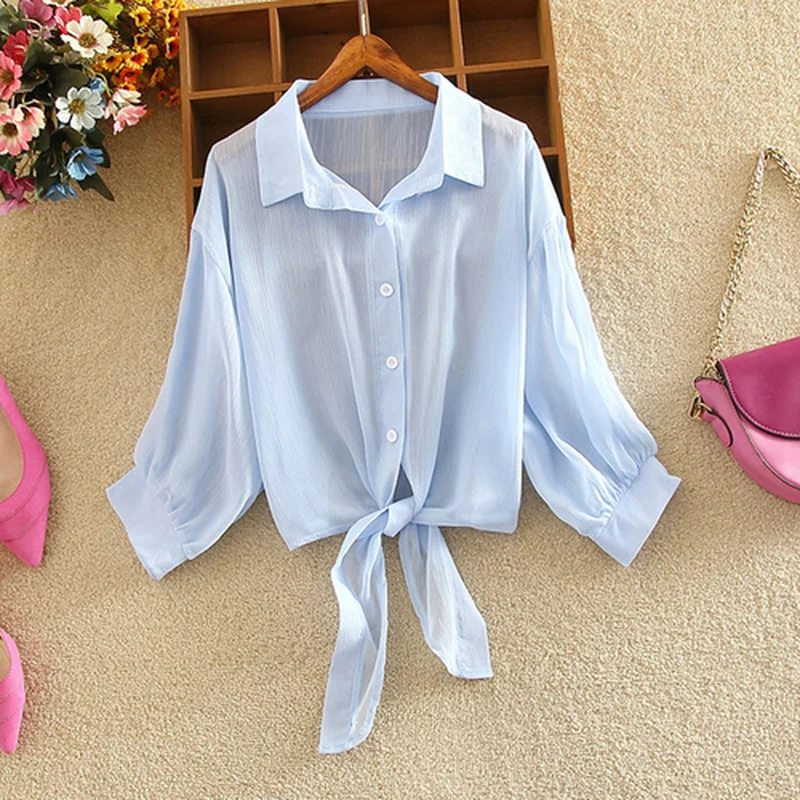

New 2021 Summer Half Sleeve Buttoned Up Shirt Loose Casual Blouse Chiffon Shirts Women Tied Waist Elegant Blouses for Women