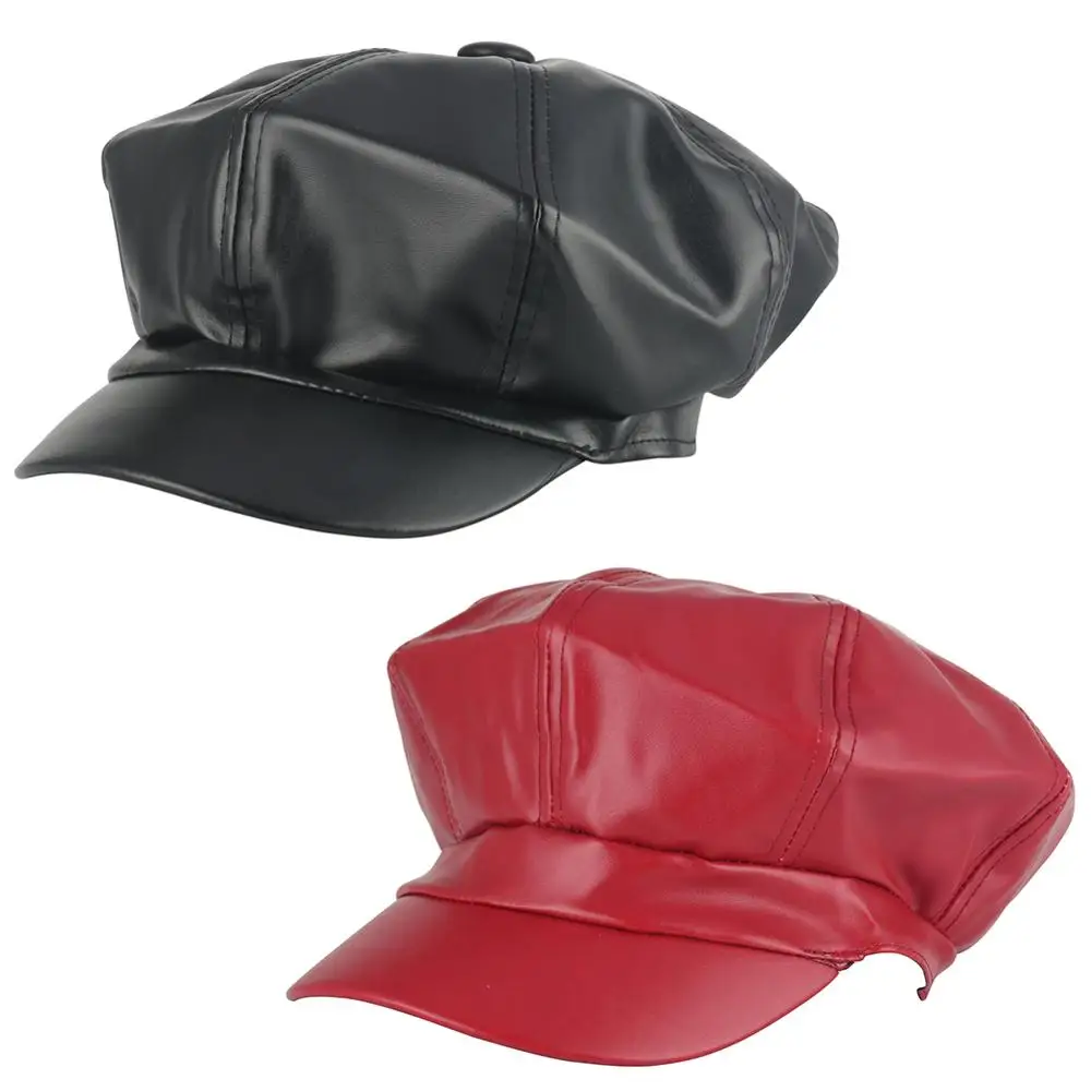 Черный шерстяной женский берет зимний из искусственной кожи восьмиугольная