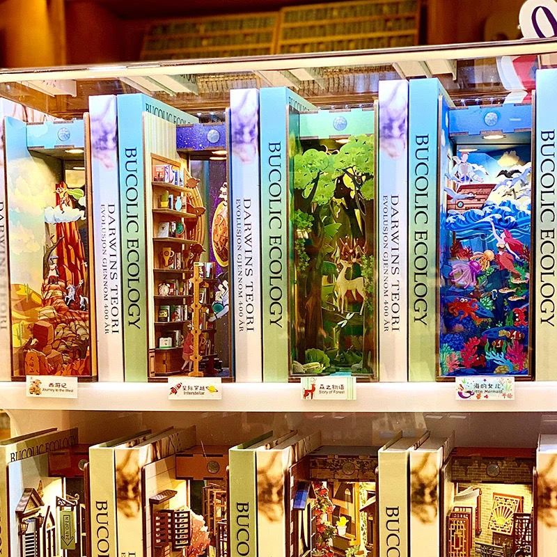 Estanter&iacute;a de madera para libros DIY, soporte de libros de inducci&oacute;n en miniatura Vintage, luz nocturna, decoraci&oacute;n art&iacute;stica, Kits medievales de inserci&oacute;n-0
