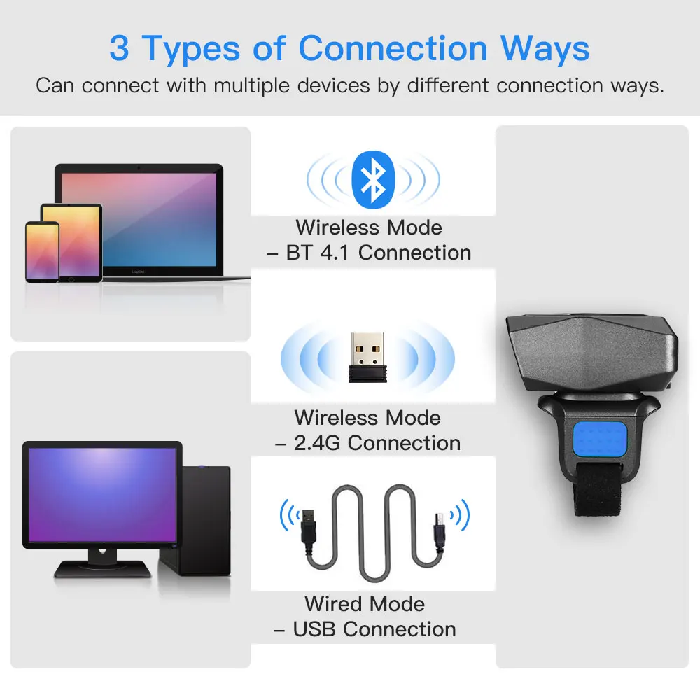 Eyoyo EY-016LP Bluetooth Portable Wearable Ring Barcode Scanner 1D Mini Finger Bar Code Reader 2.4GHz Wireless USB for Phone PC |