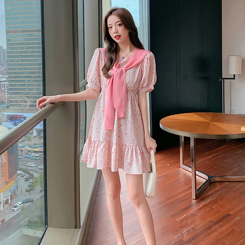 

Summer Sweet Floral Dress Women French Style Short Sleeve O-neck Slim Waist Chiffon Robe Female Short Vestido Solid Shawl 2021