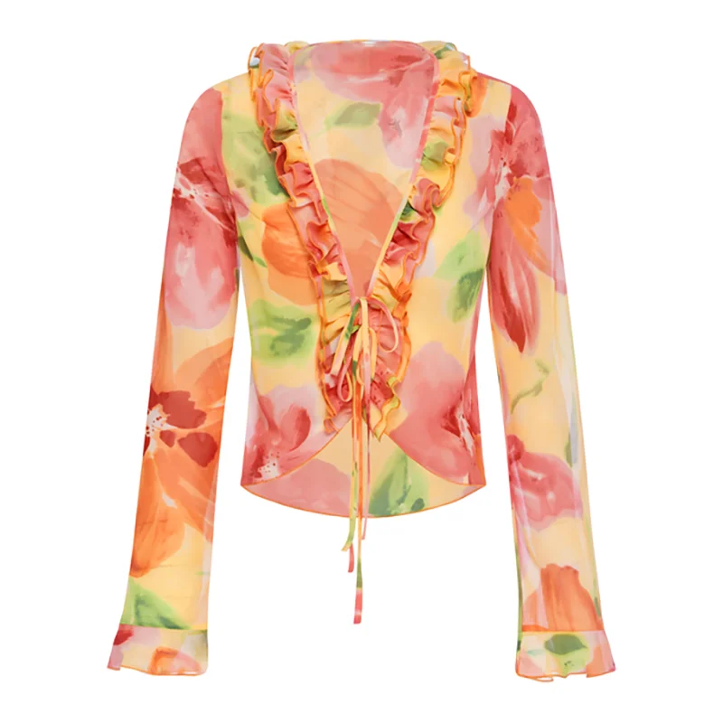 

Articat Floral Printed Ruffle Chiffon T Shirts Women V-neck Sexy Long Sleeve Tee Shirt Femme Summer Bandage Transparent Top 2021