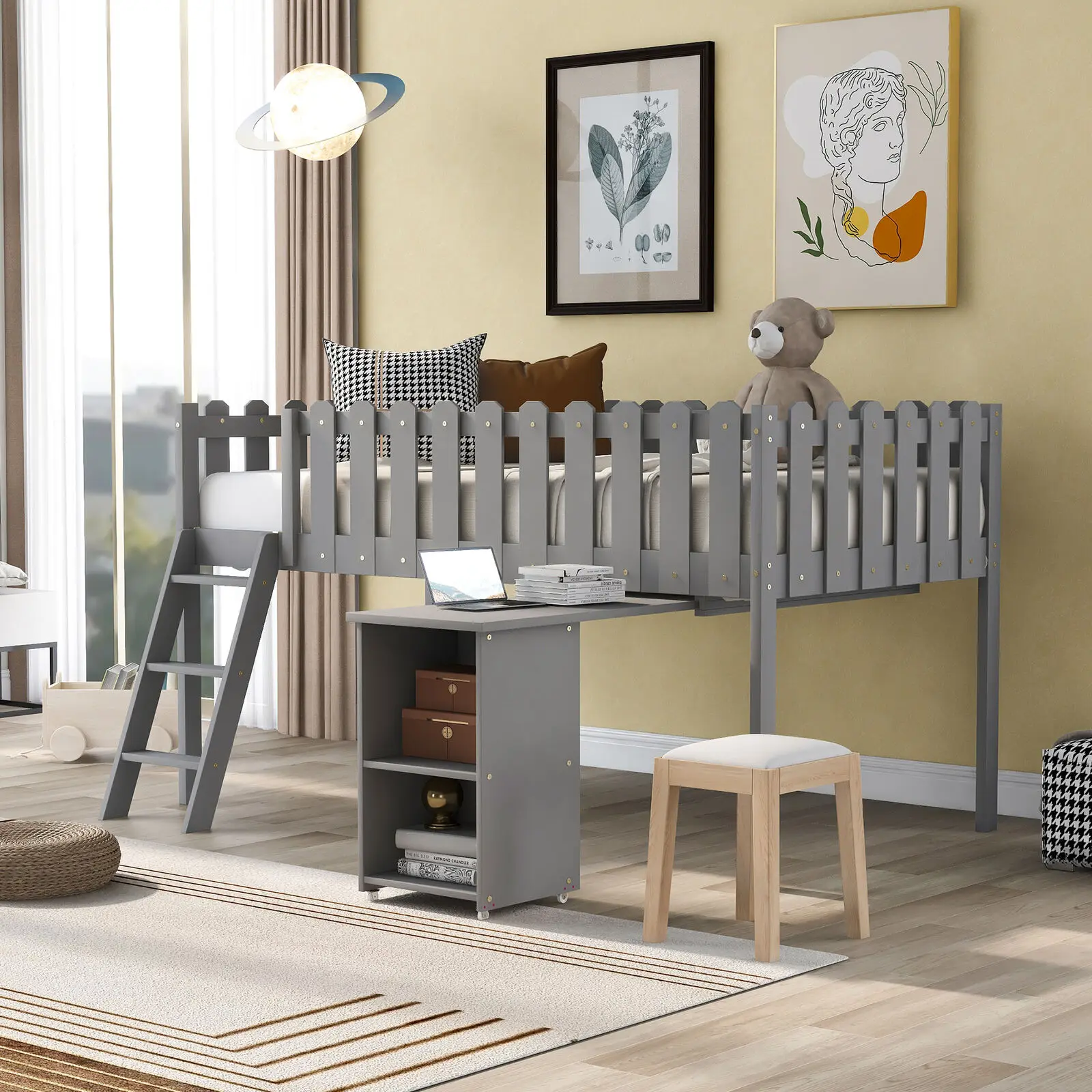 

41.7in Multifunctional Loft Bed Children's Beds Pine Wood With Desk And Cabinet Rustic Style High-low Bed Bunk Bed