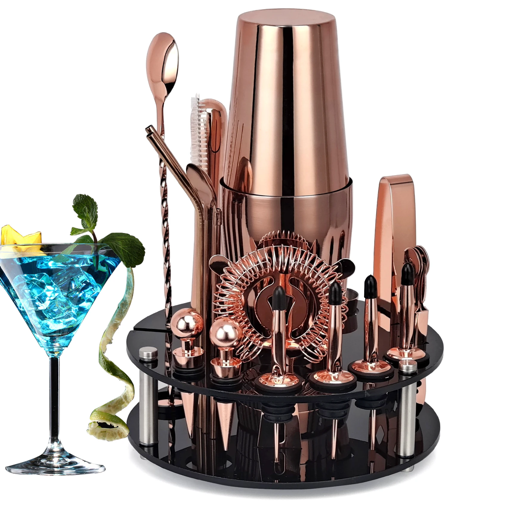 Kit de barman, juego de coctelera de oro rosa de 20 piezas con soporte acr&iacute;lico giratorio, para bebidas mezcladas, Martini, hogar, Bar-0