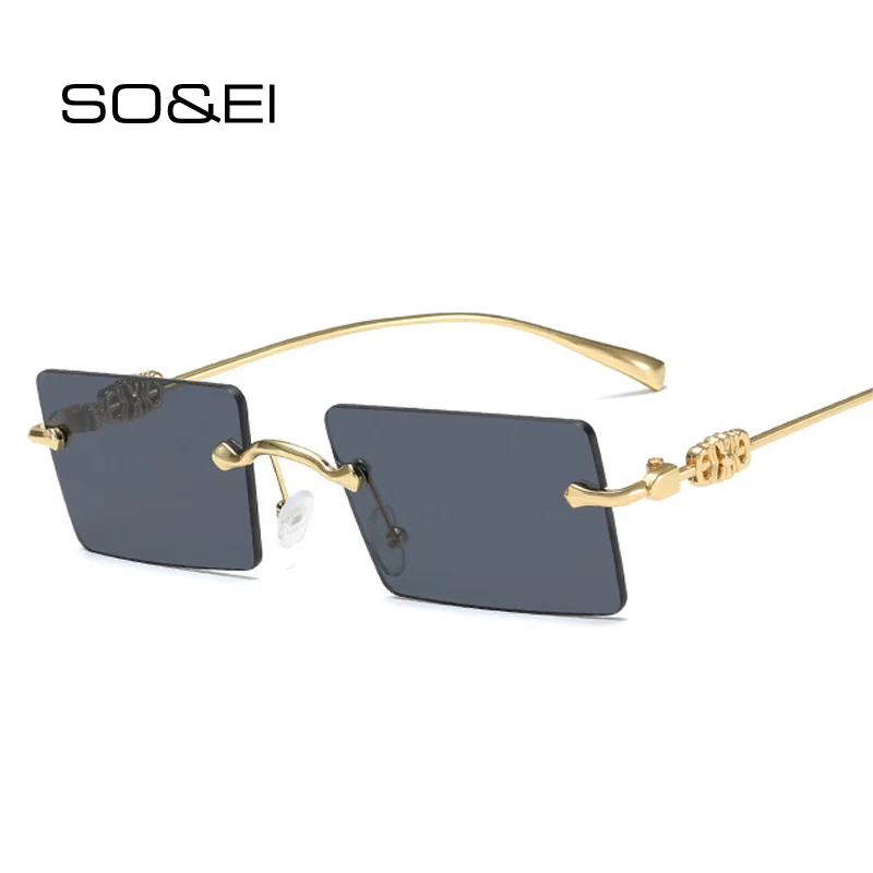 

SO&EI Fashion Rimless Women Sunglasses Vintage Rectangle Clear Ocean Lens Eyewear Retro Brand Designer Sun Glasses Men UV400