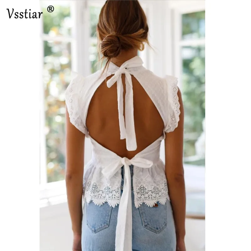 

Vsstiar Lace Blouse Women Sexy Party Hollow Out Tops Summer White Lace Up Shirts Sleeveless Female Blouses