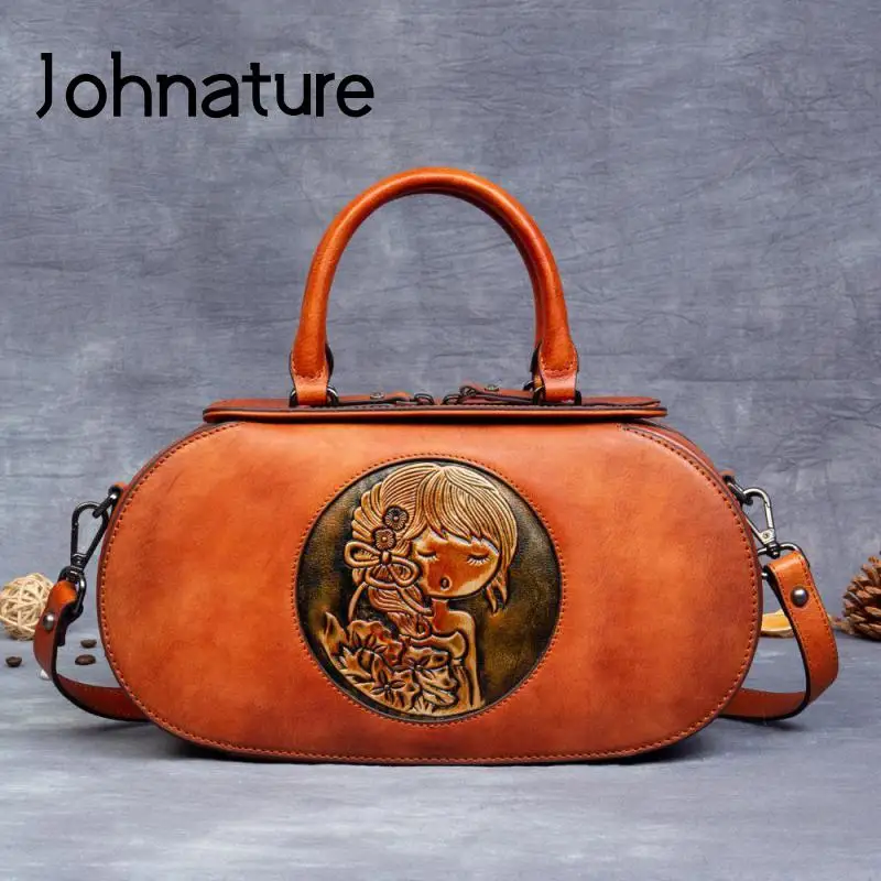 

Johnature Retro Genuine Leather Women Bag 2022 New Cartoon Pattern Embossing Handbag Nature Cowhide Shoulder & Crossbody Bags