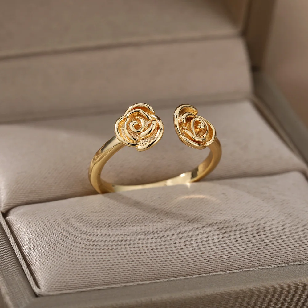 

Double Head Rose Flower Rings For Women Gold Plant Rose Ring Vintage Finger Rings Fashion Jewelry Wedding Gift Anillos Mujer