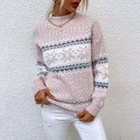 autumn winter womens sweater with round collar christmas snowflake printed long sleeve shirt casual half high neck knitwear