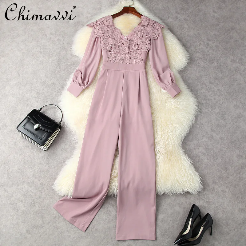 

2021 Women Clothing New High-End Lace Chiffon Patchwork Long Sleeve High Waist Wide Leg Trousers Temperament Slim Fit Jumpsuits