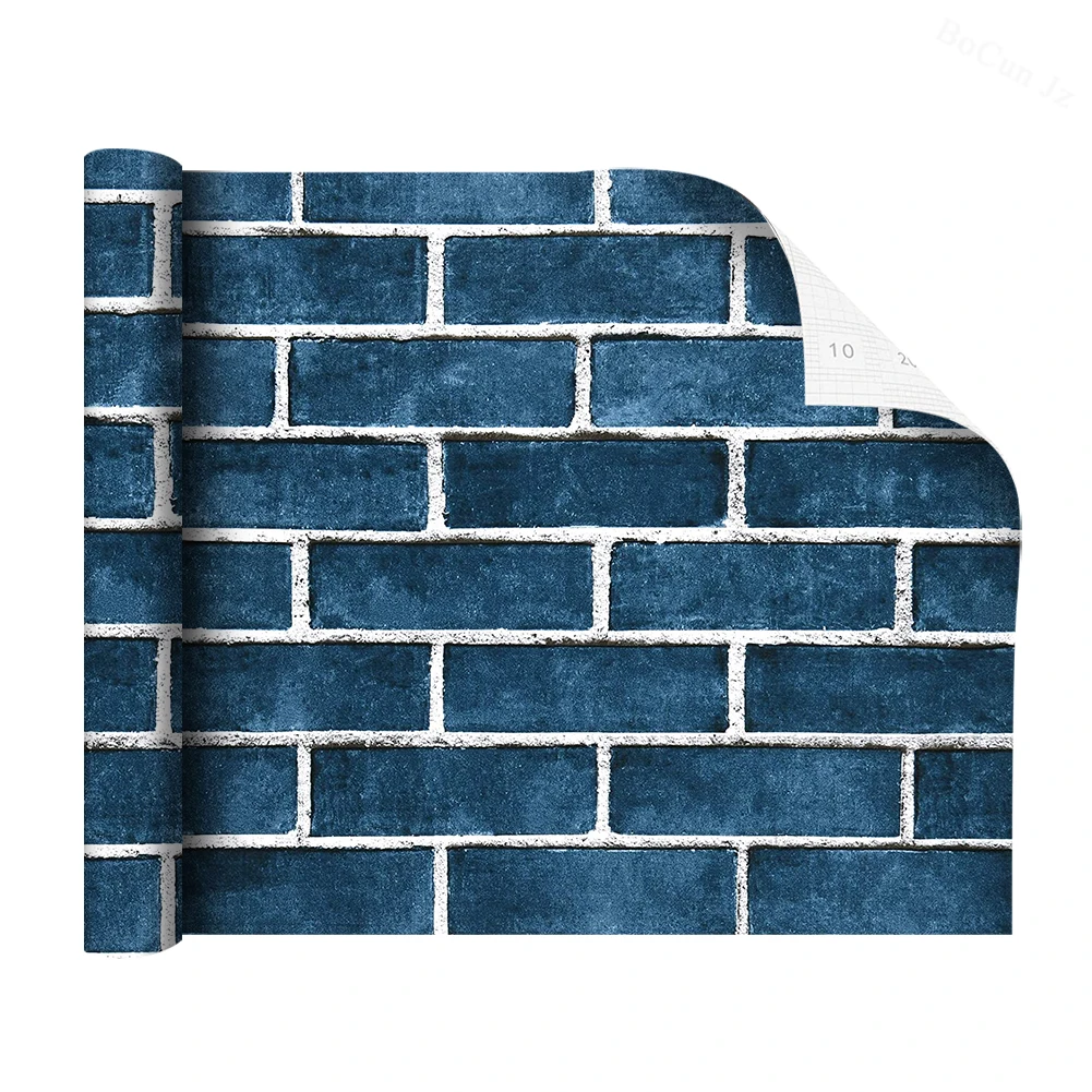 Синяя 3D кирпичная настенная бумага самоклеящиеся съемные настенные палочки