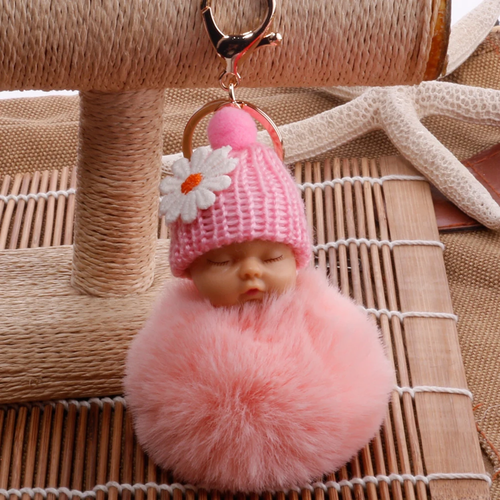 2021 New Cute Sleeping Baby Fluffy Pompom Plush Doll Hanging Pendant Key Ring Keychain/key ring Keychain HOT | Украшения и