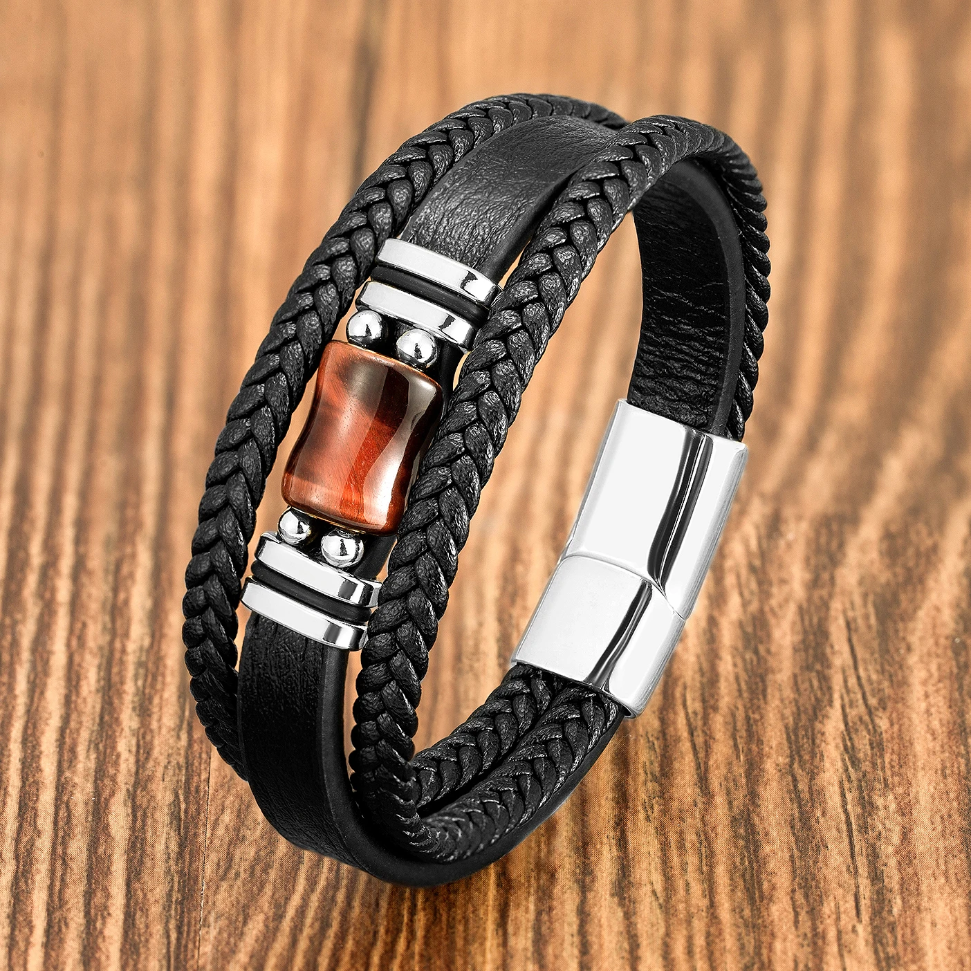 

Classic Multilayer Rope Chain Charm Bracelets Tiger Eye Stone Jewelry Men Stainless Steel Clasp Braided Hand Bracelet Homme