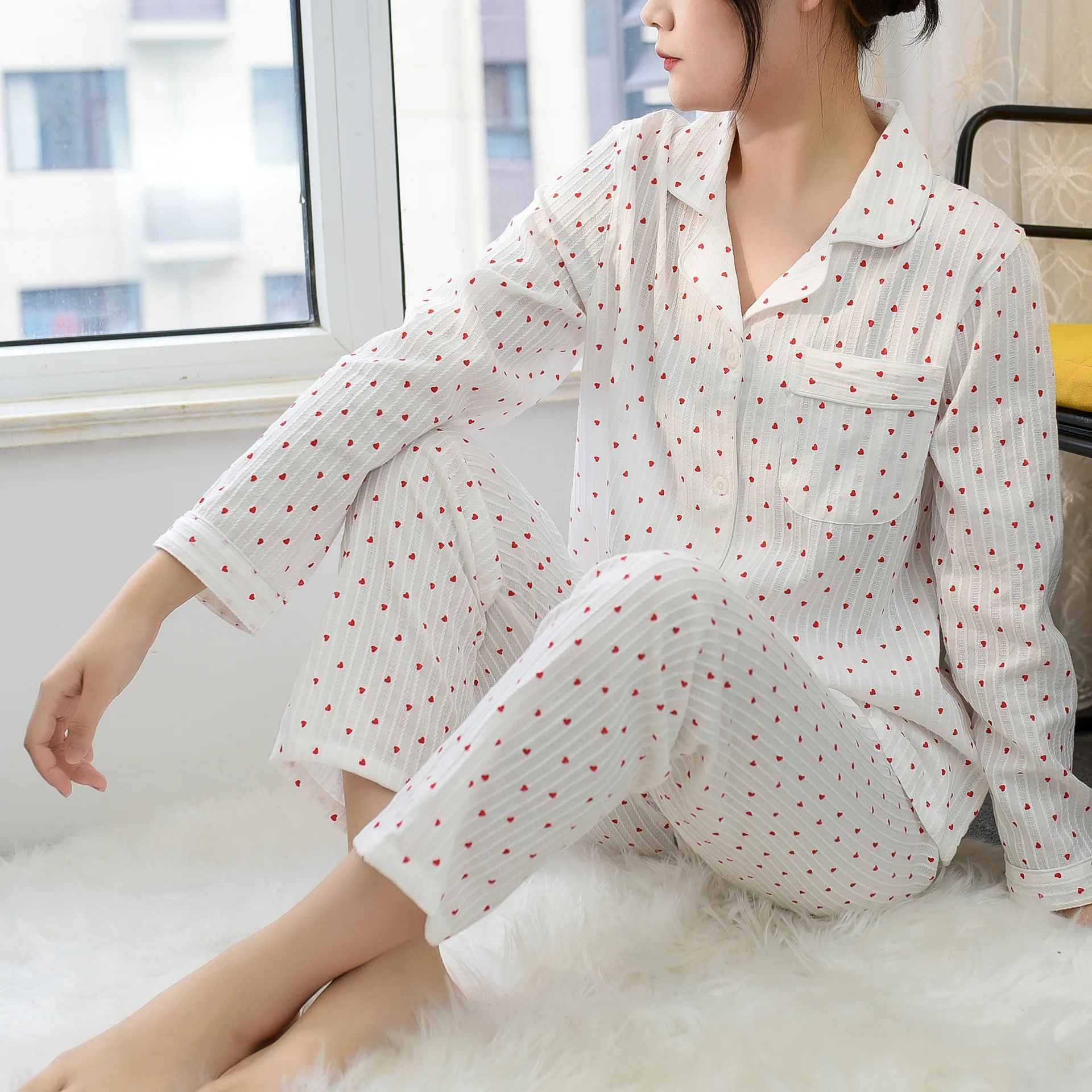 Little Love Spring and Autumn Pajamas Women's Suit Jacquard Lapel Long Sleeve Nightwear Loose Casual Home Clothes Lady Sleepwear