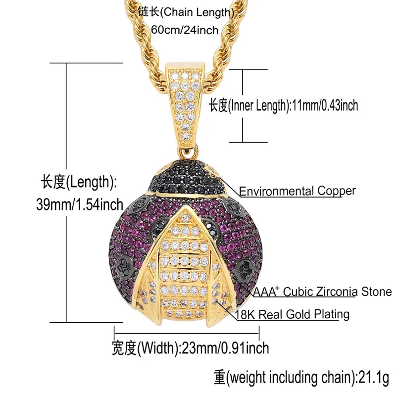 Новый цепи из нержавеющей стали кубический циркон подвеска &quotБожья коровка&quot