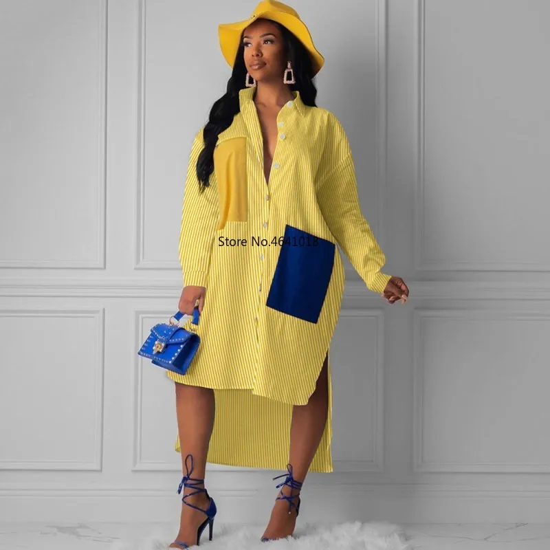 Осеннее женское платье-рубашка в синюю и желтую полоску весеннее длинное платье