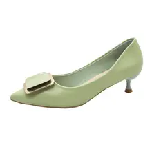 Chaussures à talons aiguilles en cuir pu pour femmes, chaussures classiques de haute qualité, vert, à enfiler, pour le bureau, décontractées et douces  (2)
