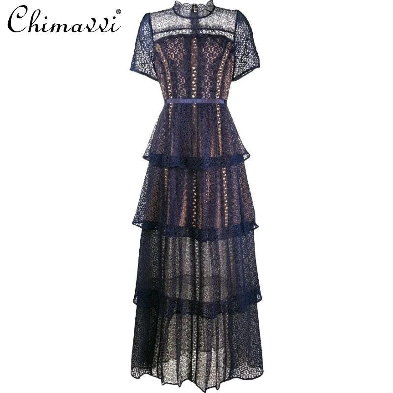 Новинка весна лето 2021 изысканное кружевное темно синее платье в британском стиле