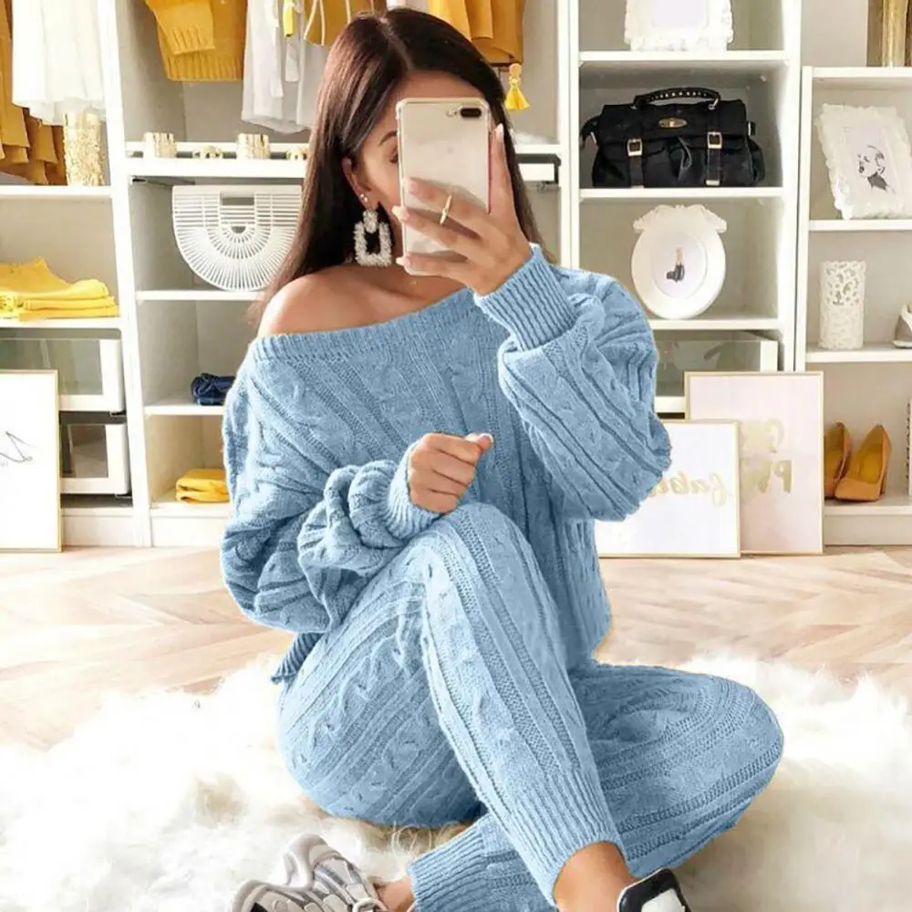 

2021 Women Tracksuits Casual Knit 2 Piece Sets Autumn Winter Outfit Long Sleeve Sweater Pullover Crop Top And Pants Female Set