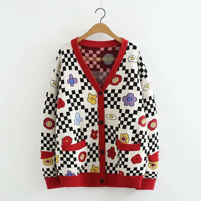 

Life Series Mosaic Pattern Flower V-neck Loose Thick Sweater Cardigan Girl Student New Autumn and Winter