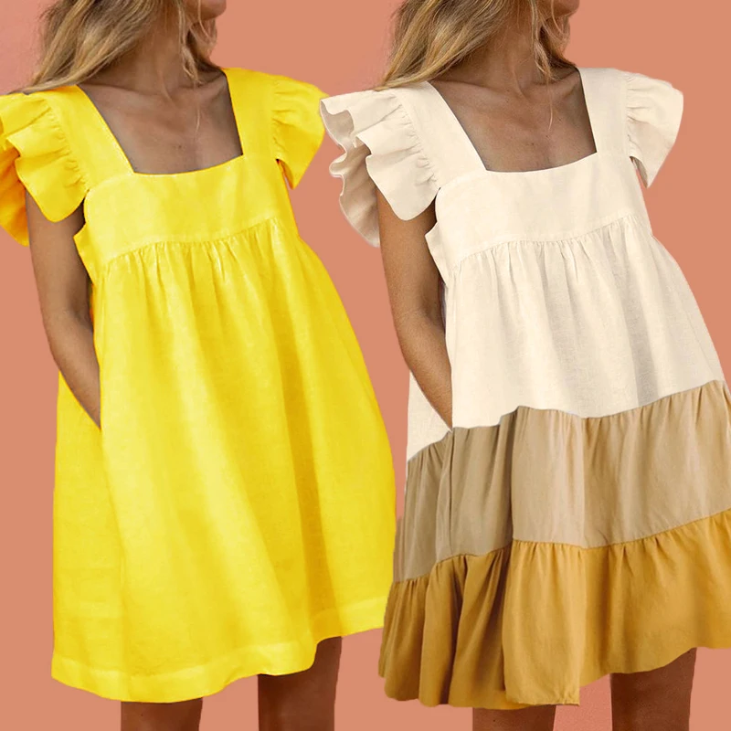 

Summer Women Mini Dress Elegant Butterfly Sleeve Beach Party Dress Cute Square Collar Solid Ladies Ruffled Dresses Vestidos