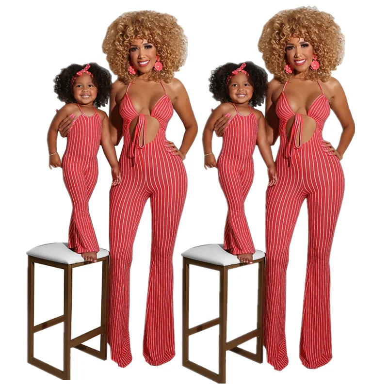 

2021 Mother And Daughter Clothes Summer Fashion Striped Sexy Sling Jumpsuit Mommy And Me Jumpsuit Family Matching Outfit