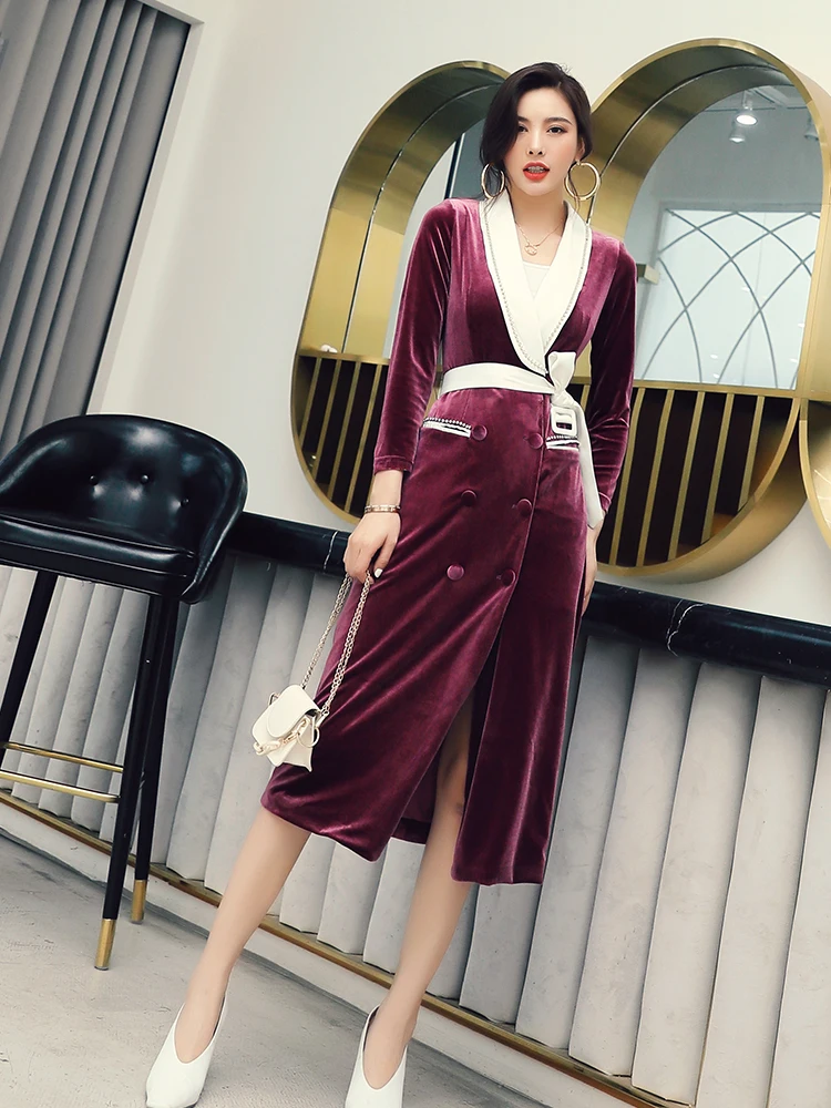 

Top Quality New 2020 Winter Dress Women Notched Collar Crystal Beading Belt Patchwork Long Sleeve Vintage Black Purple Dress XL