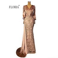 floria light brown long sleeves evening dress 2021 womens v neck lace beaded long prom gown vestido de noche plus size