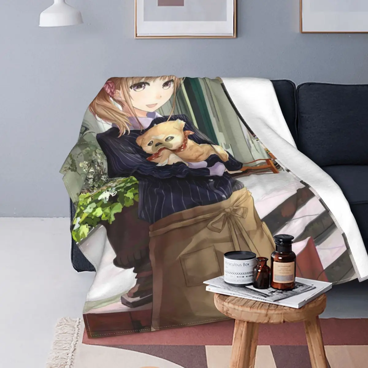 

Anime Girl Kawaii Manga Blanket Fleece Spring Autumn Girl And Dog Breathable Warm Throw Blankets for Home Car Bedding Throws