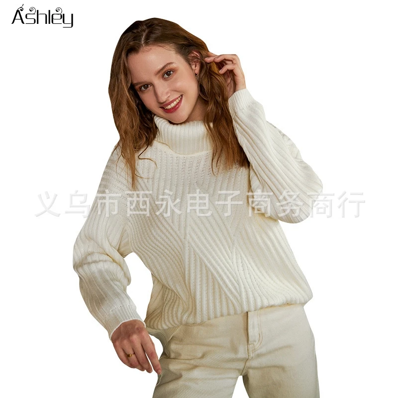 

Ashley Casual turtleneck knitted sweater female Warm lady white sweater autumn winter Batwing long sleeve pullover jumper 2020