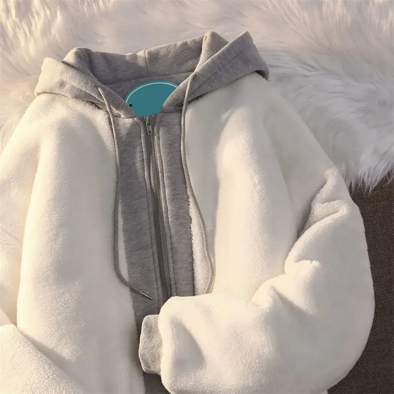 

2021 Warm Winter Hoodies Women Fleece Thick Outerwear Zip-up Hooded Sweatshirts Casual Patchwork Oversize Solid Black Hoodie
