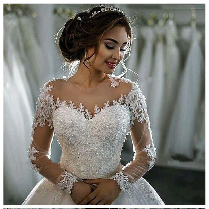 

Gorgeous Sparkling Long Sleeves Wedding Dresses Zipper Back Sheer Neckline Applique with Beads Crystal Bridal Gowns