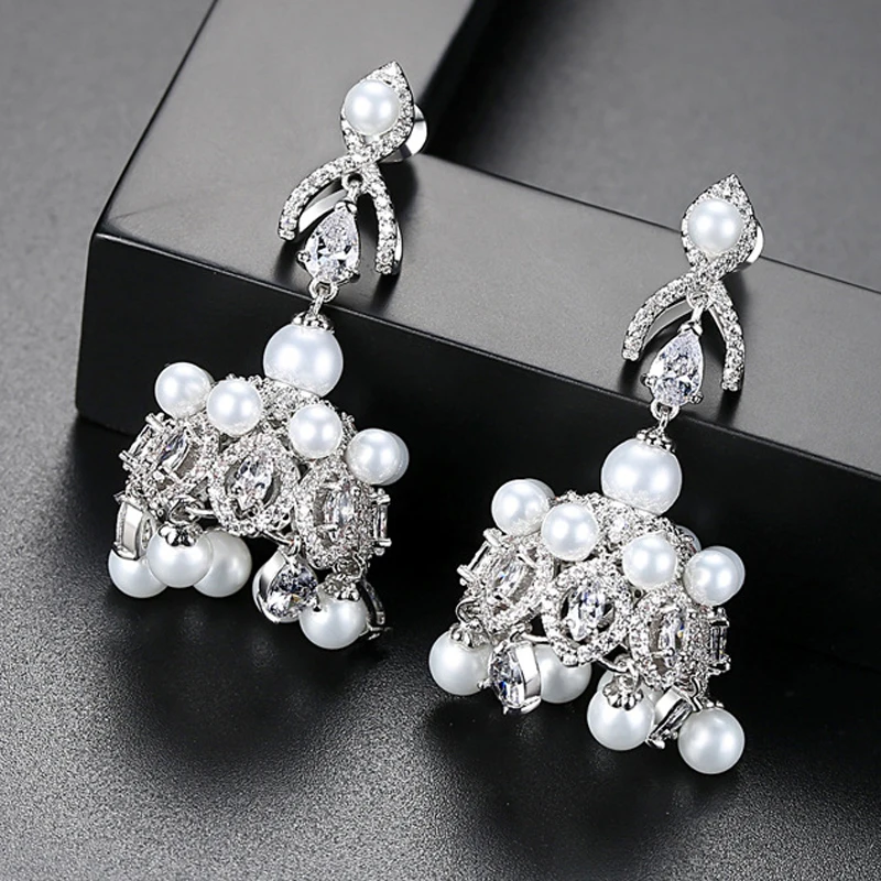 

Indian Jhumka Jhumki Pearl Beaded Bell Drop Dangle Earrings for Women Bridal Wedding Party Jewelry Bollywood Gypsy Cubic Zircon