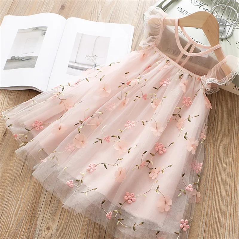 

Girl Dresses Embroidery Flowers Print Floral Tutu Children Lace Mesh Sleeveless Dress Girl Clothes Kids Princess Tulle Dress