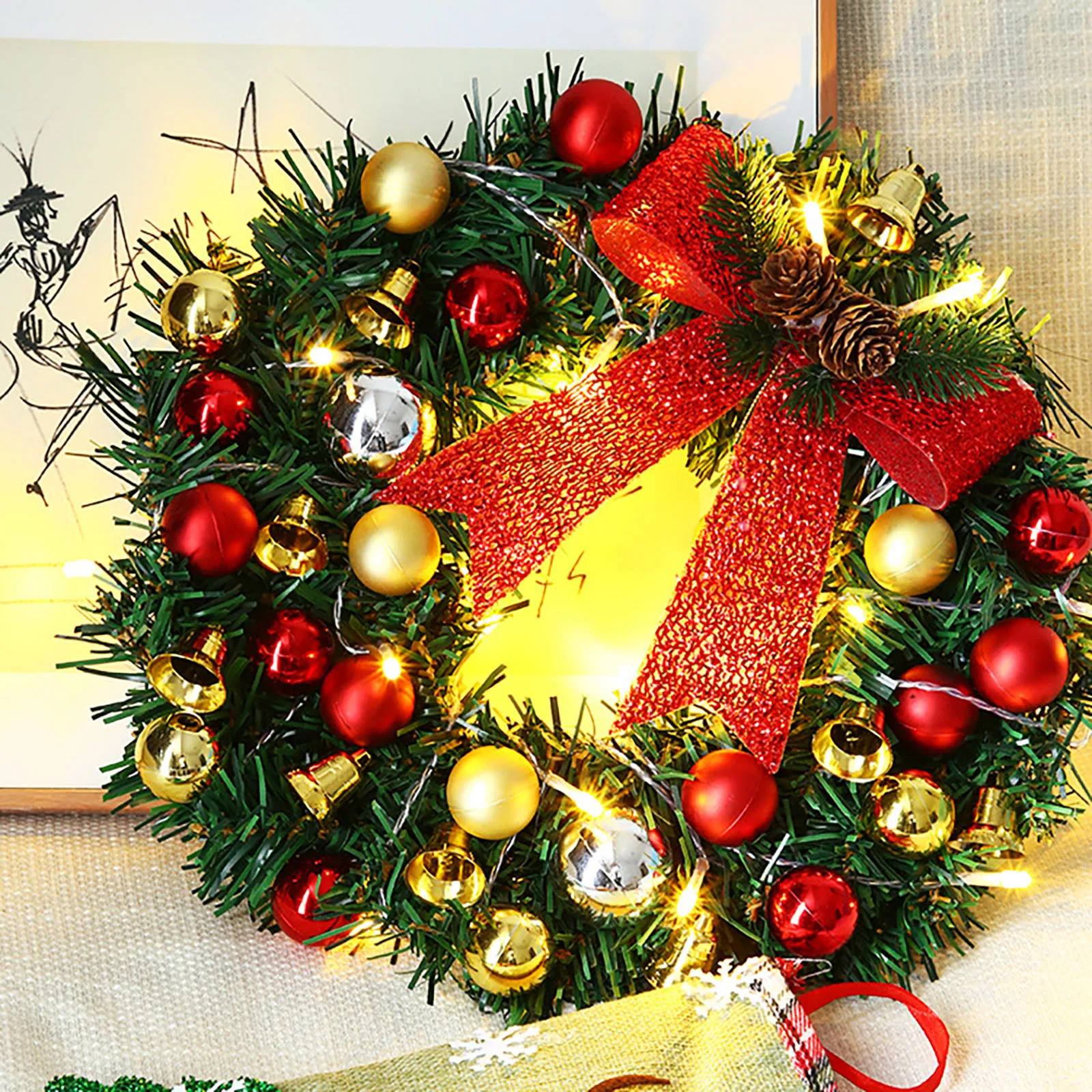 

Светящийся Рождественский венок со светодиодсветильник ственскими шариками, Рождественская гирлянда, новогодний декор 2022 года, украшения ...