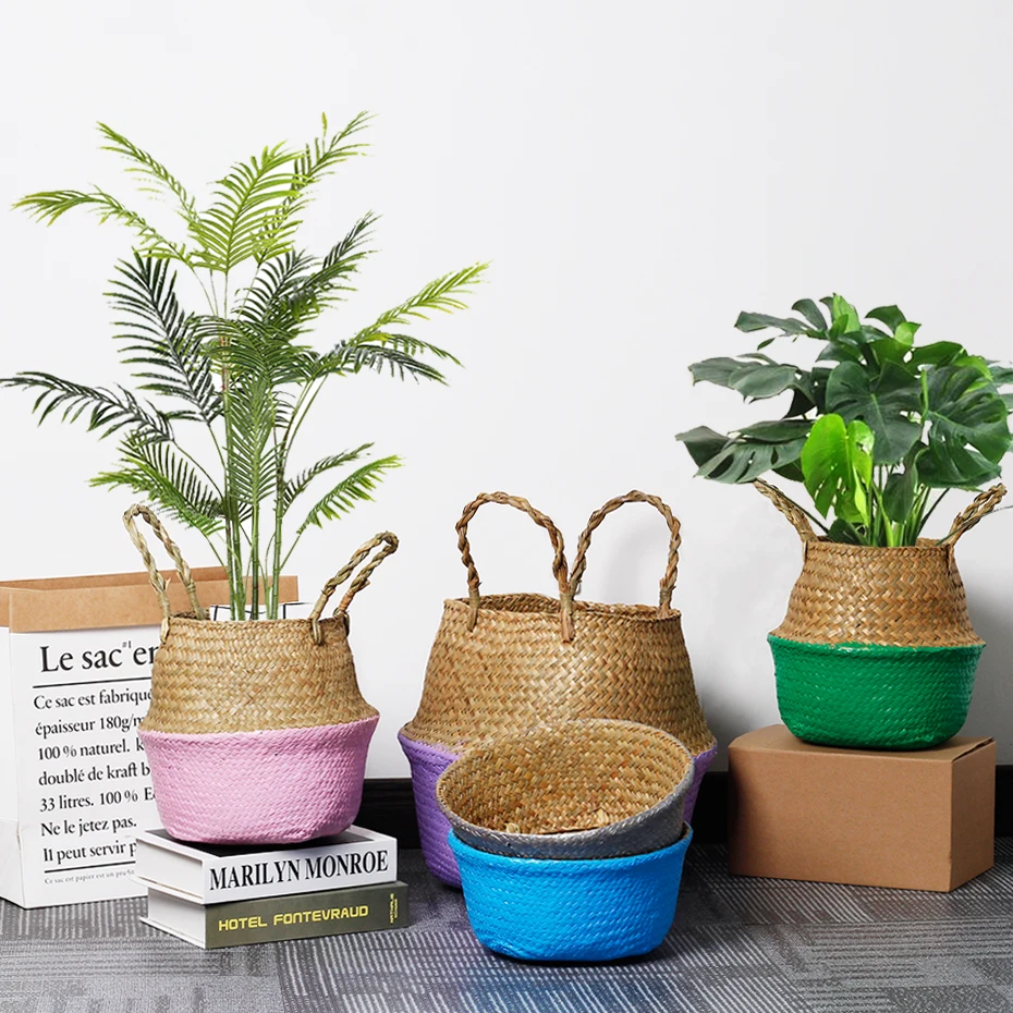 3 стиля водорослей ваза цветочный горшок корзина соломы ротанга завод хранения