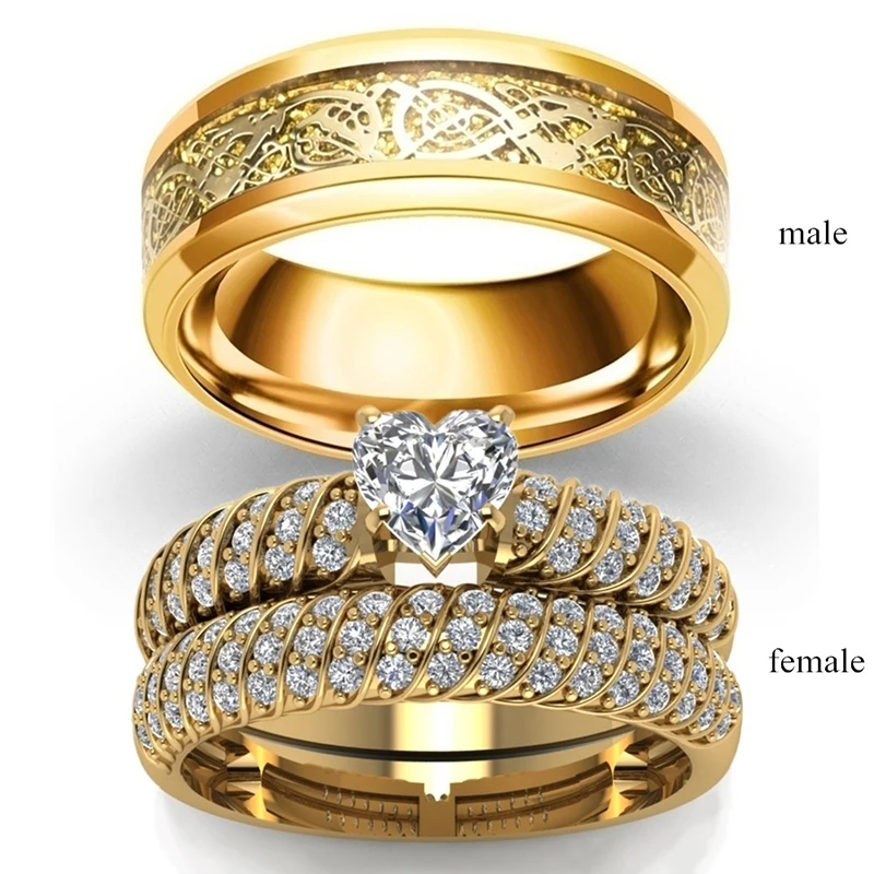 

Fashion Jewelry Couple Rings Vintage Dragon Stainless Steel Men Ring Romantic Heart Zircon Ring Set Bridal Engagement Gift