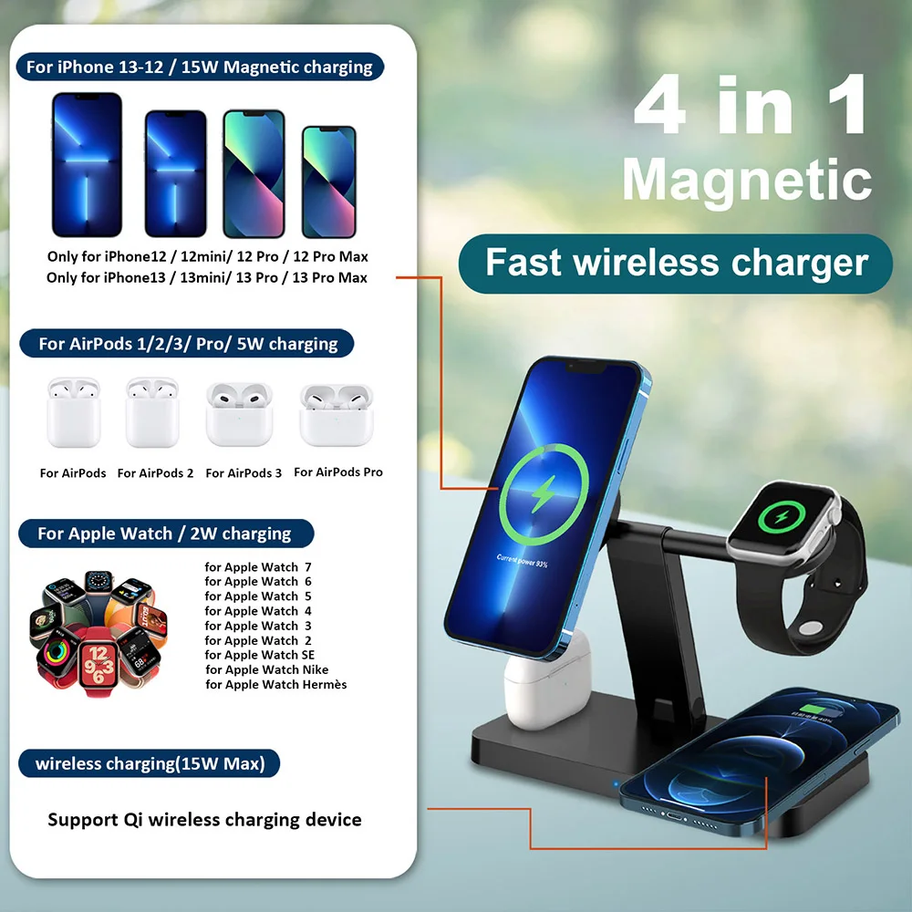 4 in 1 15w qi magnetic wireless charger stand for iphone 13 12 pro max fast charging dock for apple watch 7 6 5 4 3 airpods pro free global shipping