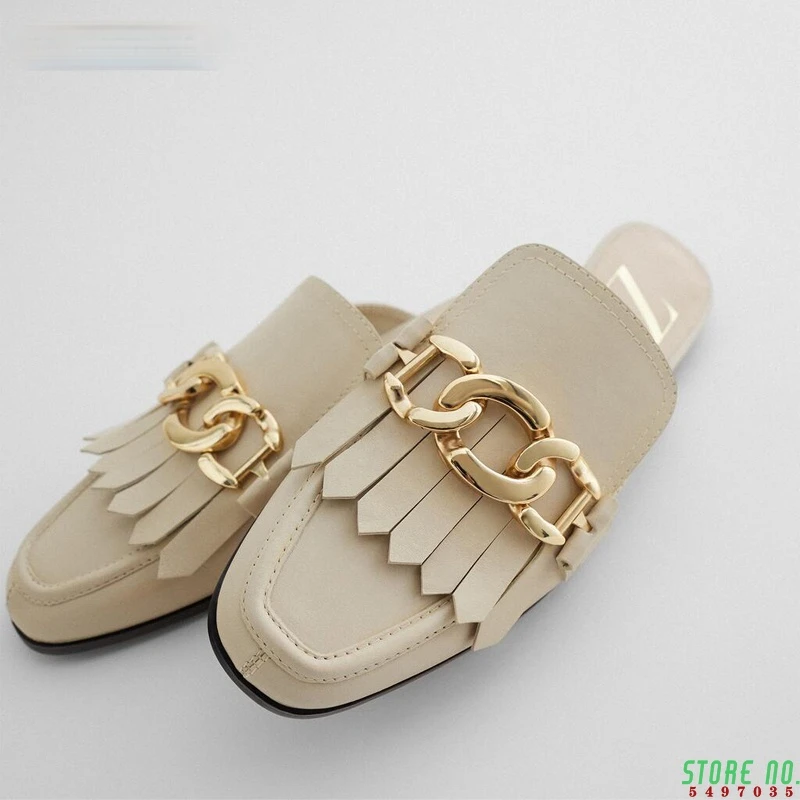 

2020 autumn england office lady simple solid leather chain moccasin shoes mules slippers women shoes