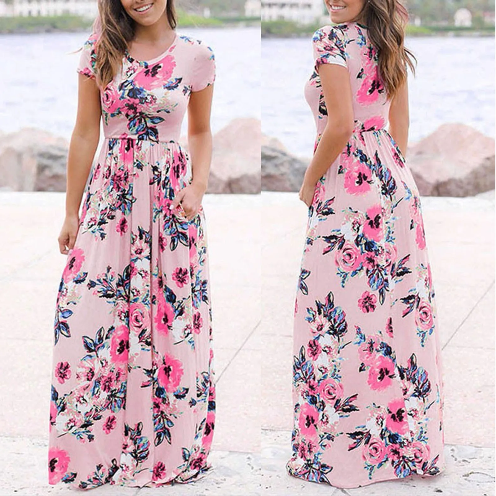 

40# Vintage Floral Print Summer Dress Women O-neck Short Sleeve Maxi Dress With Pockets Bohemian Holiday Party Dresses Vestido