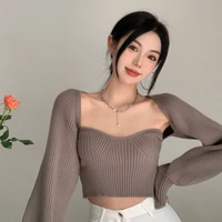 two piece suit sweater women vest spring autumn 2021 korean fashion sexy strapless crop top ladies jumpers knitted pullovers new