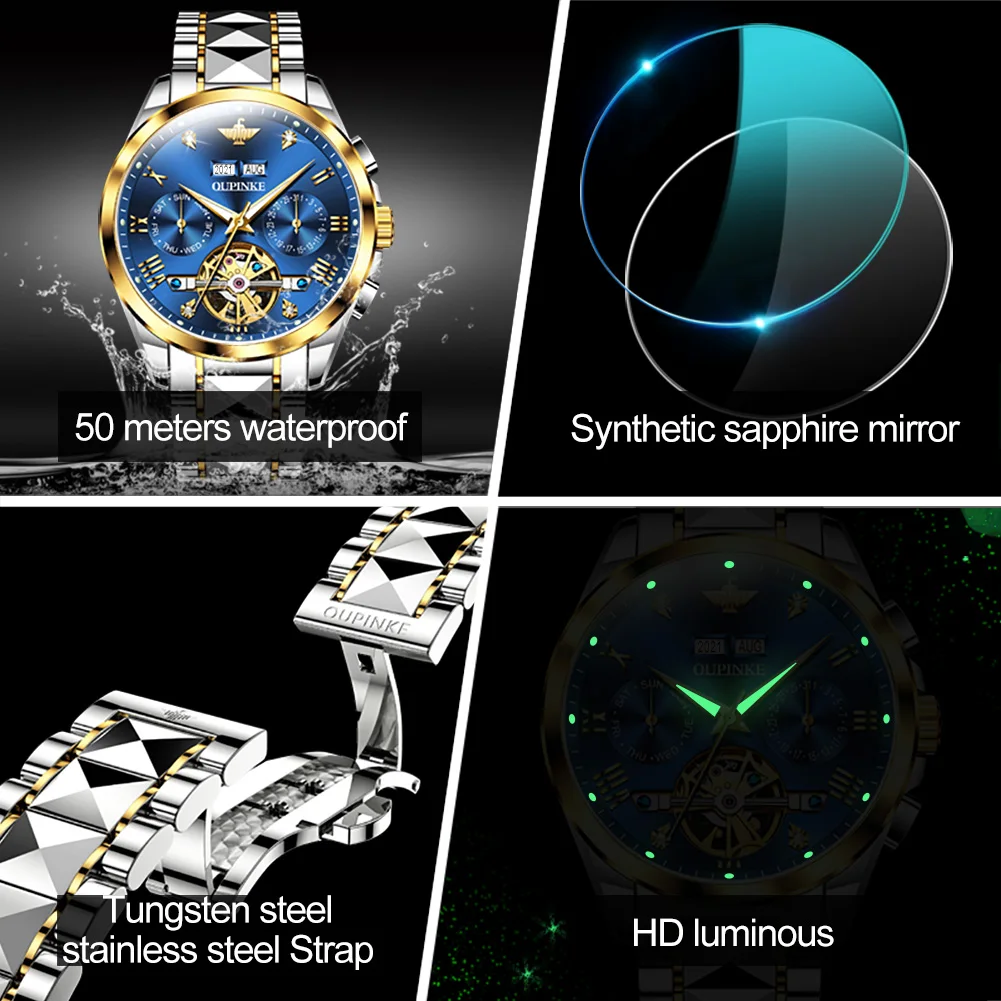 

OUPINKE 2021 New Luxury Men Mechanical Wristwatch Stainless Steel Watch Top Brand Sapphire Glass Men Watches reloj hombre 3186