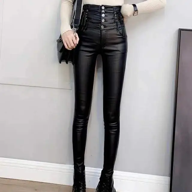 

2021 New Autumn Winter Women PU Leather Pants Fashion High Waist Black Shiny Trousers Female Slim Pencil Faux Leather Pants G252