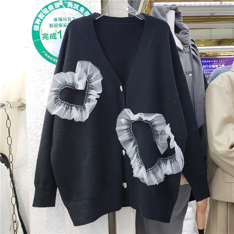 

SuperAen Black V-Neck Sweater Women's 2021 Autumn New Mesh Splicing Love Coat Single Breasted Oversized Cardigans