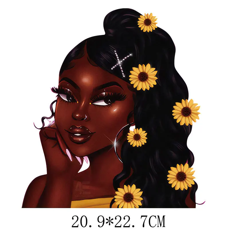 

Fashion Black Girl Printingr T-shirt Thermal Transfer Stickers Decoration Ion on Patches For DIY Heat Transfer Clothes