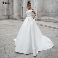 lorie simple white wedding dresses 2020 off shoulder satin bridal gowns custom made lace up back sweep train a line wedding gown