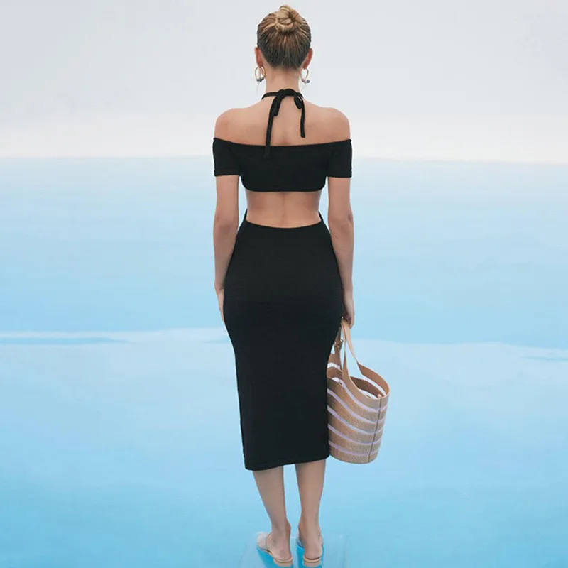 

CNYISHE Off the Shoulder Vacation Knitted Long Dresses Women Summer 2021 Elegant Sexy Party Cut Out Backless Bodycon Dress Robes